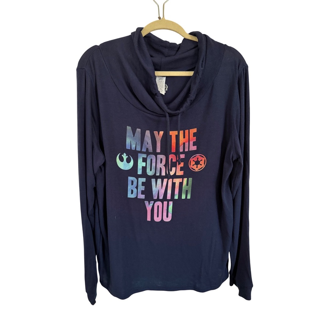 Star Wars Womens XXL Navy Cowl Neck May The Force Be With You Rainbow Top‎